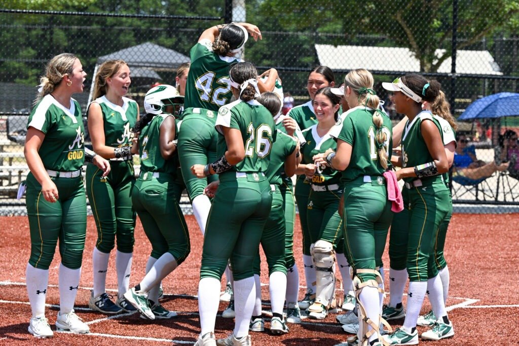 Athletics Gold Tamborra celebrates home run at Scenic City.