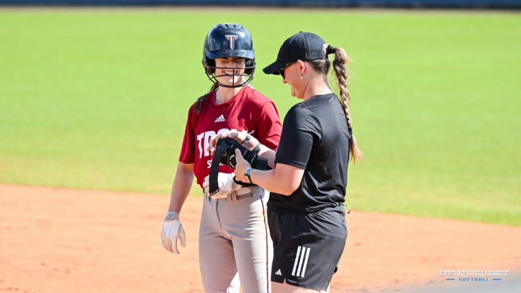 Makaley Boswell stands at first in a 12-7 Troy win over Georgia Tech on Saturday, Sept. 27, 2025, in Troy, Ala. (Photo by Charles Mays/Fastpitch Wire)